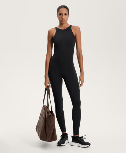 Compressive long jumpsuit with back straps