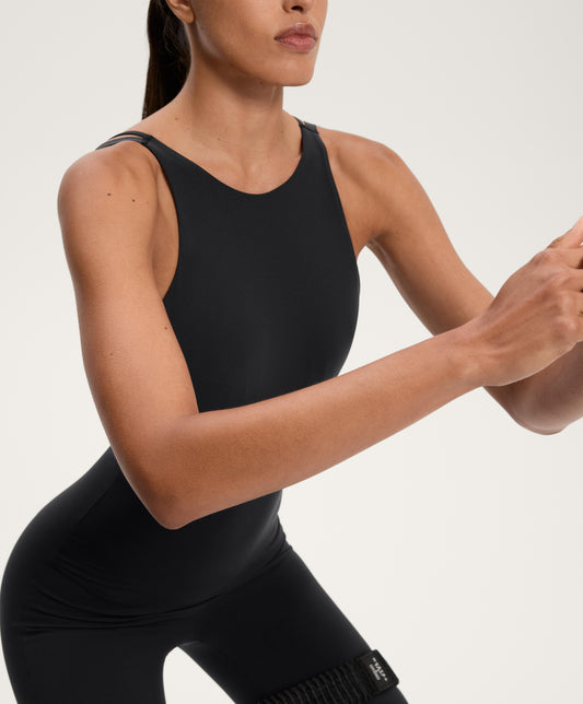 Compressive long jumpsuit with back straps