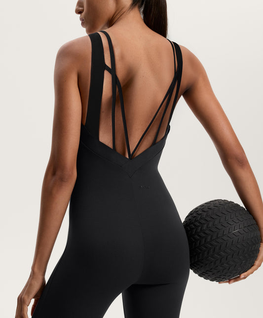 Compressive long jumpsuit with back straps