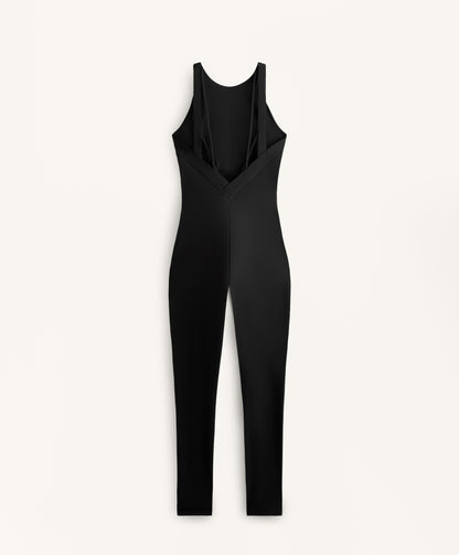 Compressive long jumpsuit with back straps