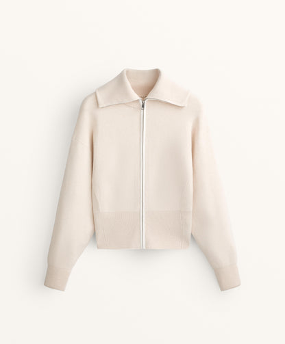 High collar knit jacket with contrast piping
