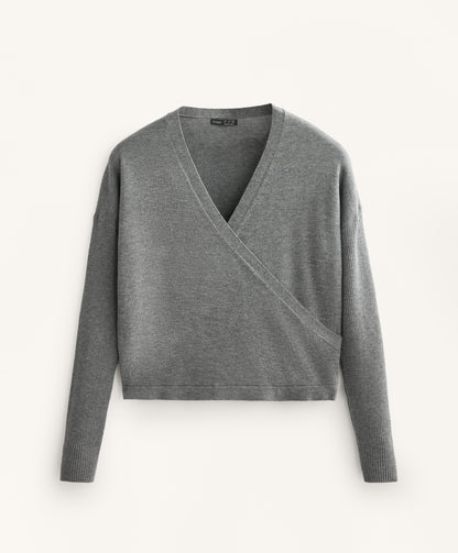 Crossover knit jumper with rib sleeves