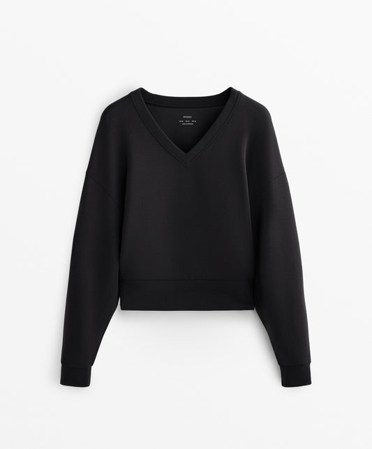 V-neck fitted waist sweatshirt with soft-feel modal