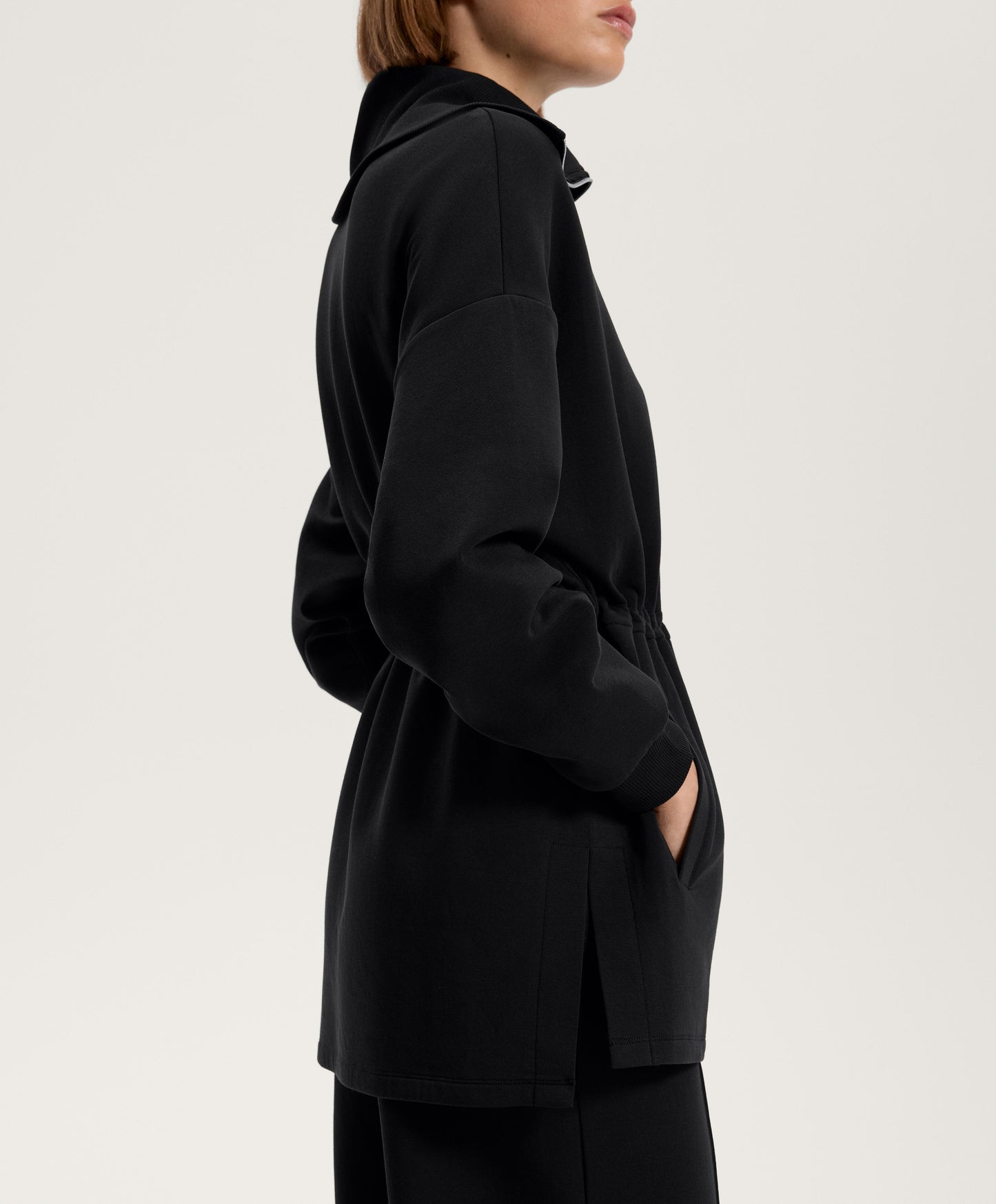Long jacket with adjustable waist, rib collar in a cotton blend