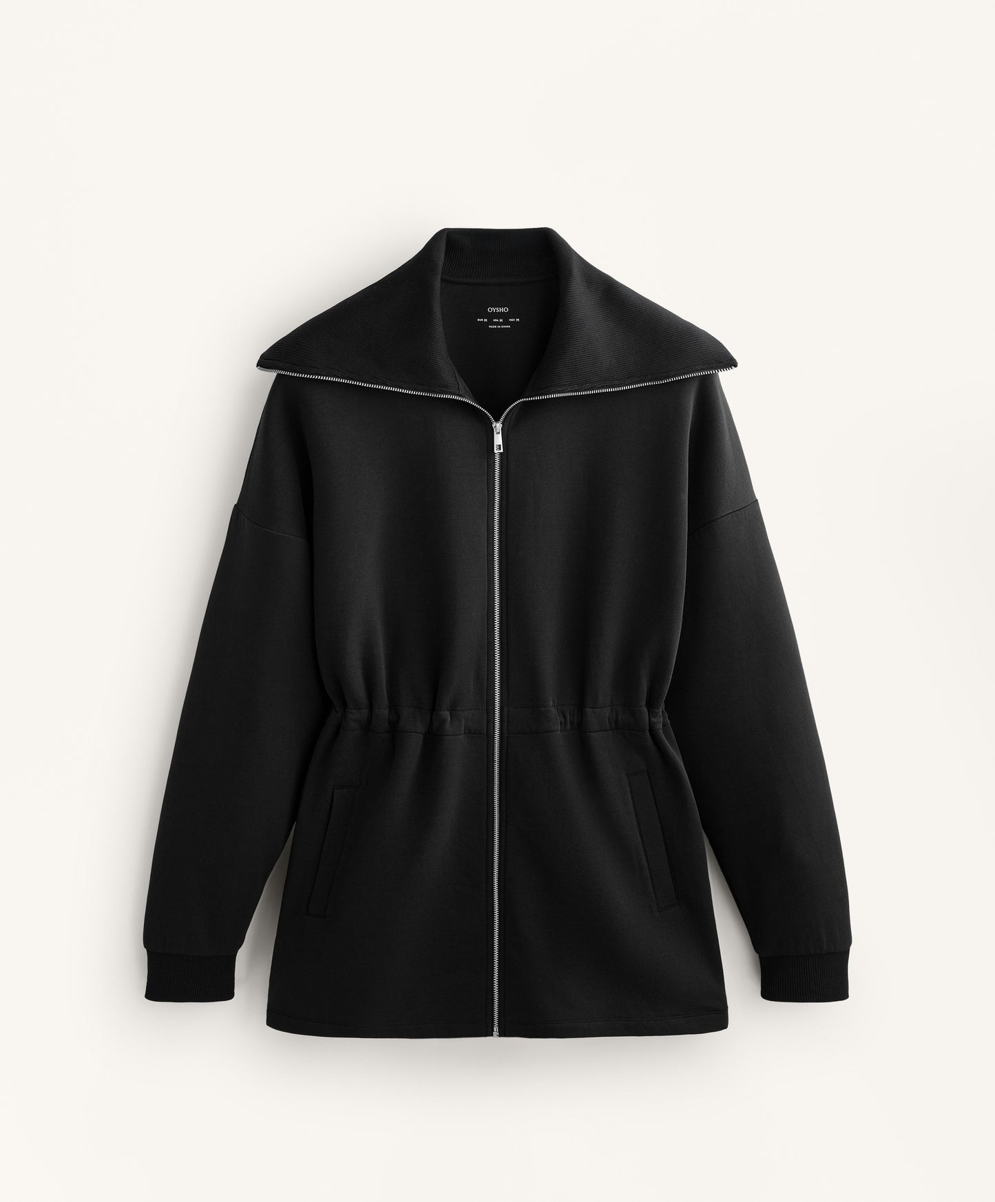 Long jacket with adjustable waist, rib collar in a cotton blend