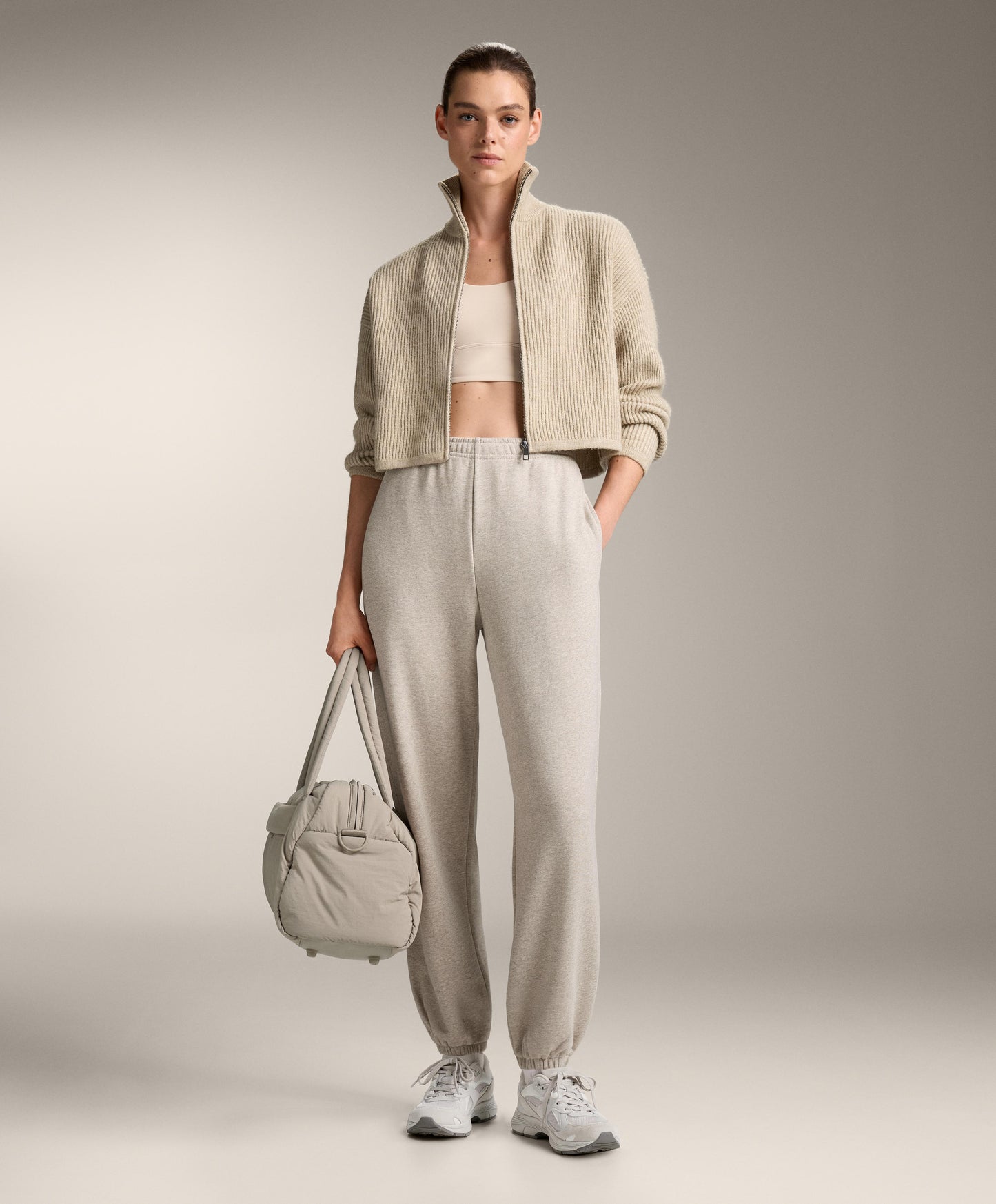 Crop high neck rib knit jacket