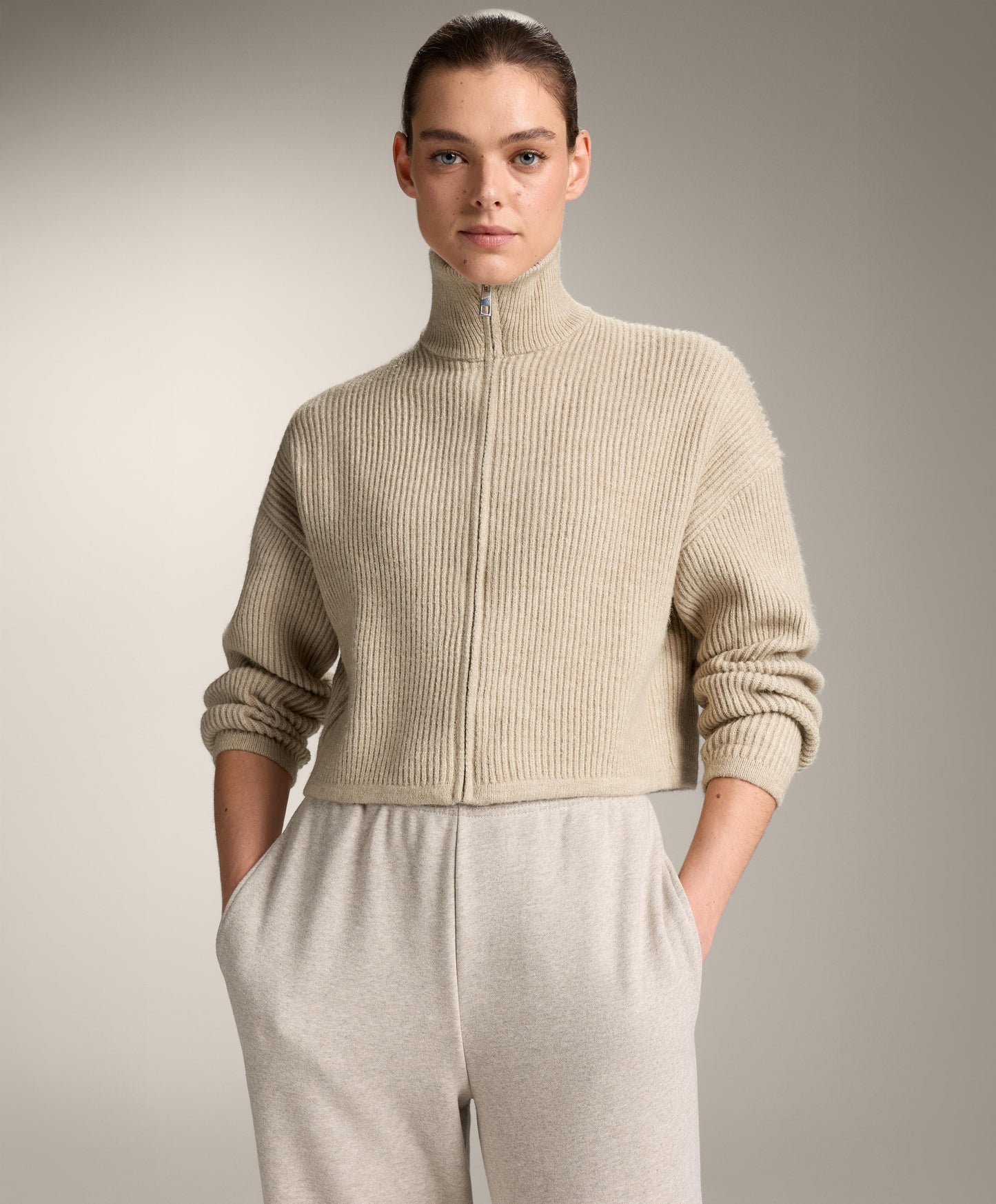 Crop high neck rib knit jacket