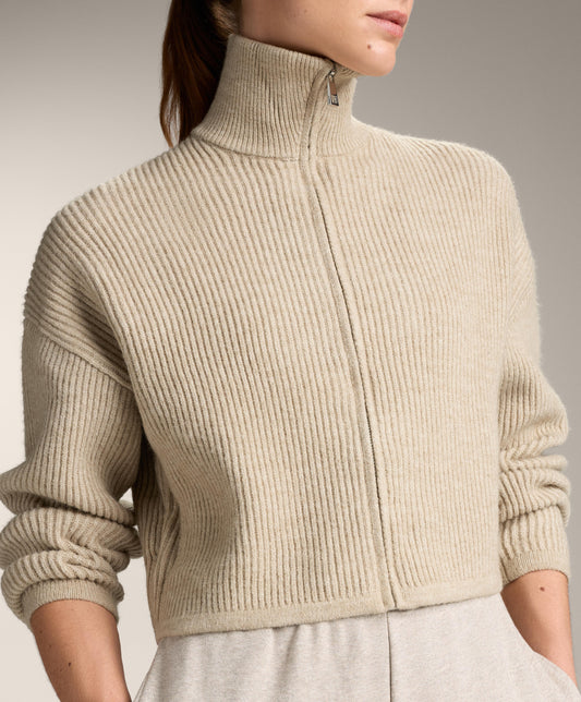 Crop high neck rib knit jacket