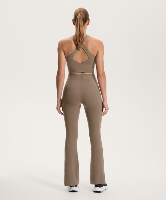 High-rise Compressive core control block stripe flare trousers