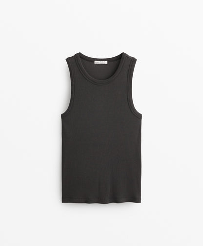 Halterneck rib T-shirt with cotton and modal
