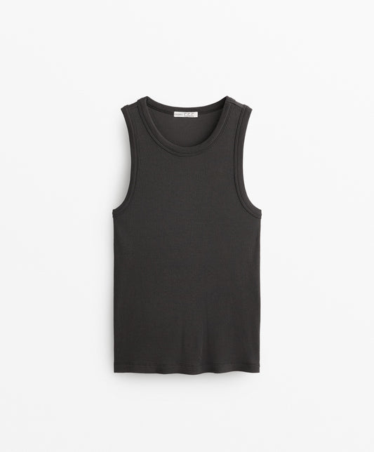 Halterneck rib T-shirt with cotton and modal