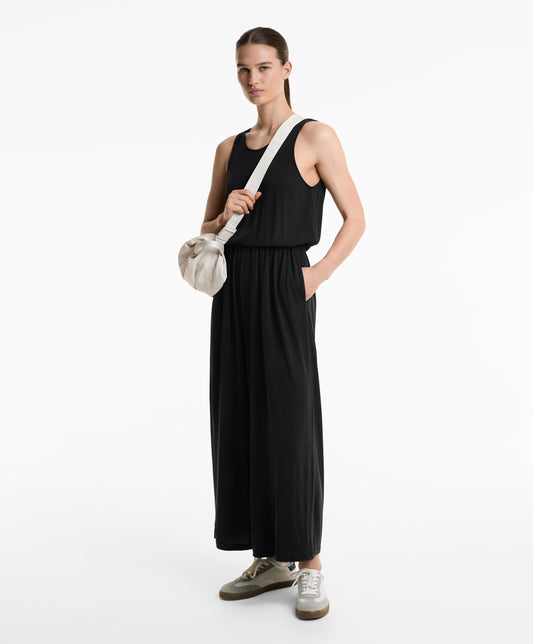 Crossover-back flowy midi jumpsuit with modal