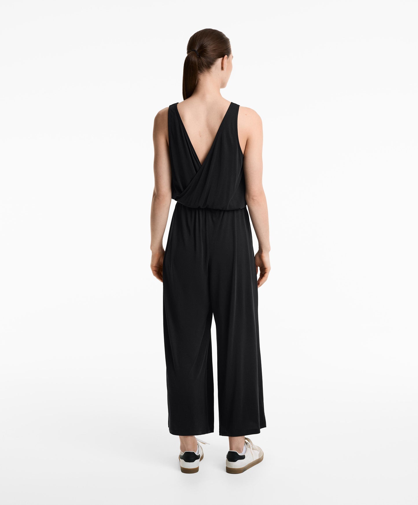 Crossover-back flowy midi jumpsuit with modal