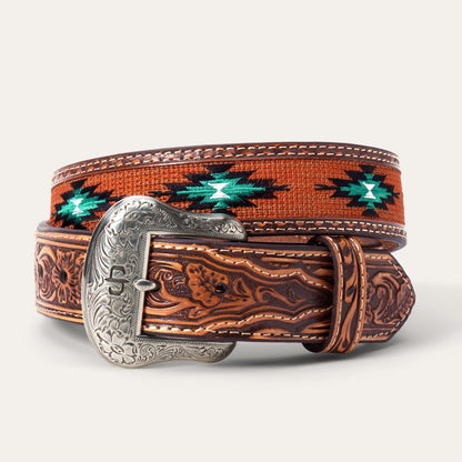 Tooled Tab Embroidered Belt Tan Women