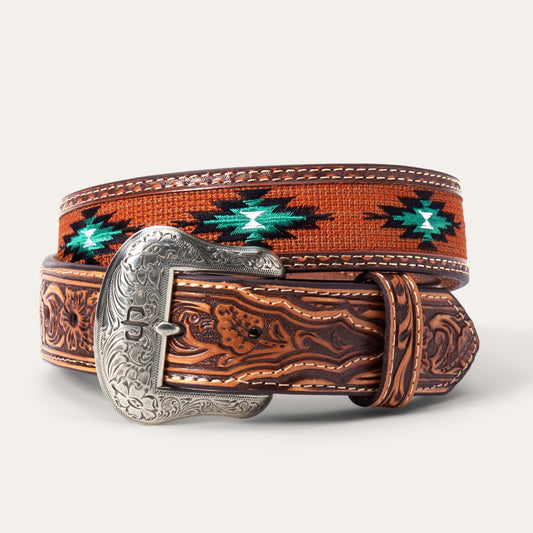 Tooled Tab Embroidered Belt Tan Women
