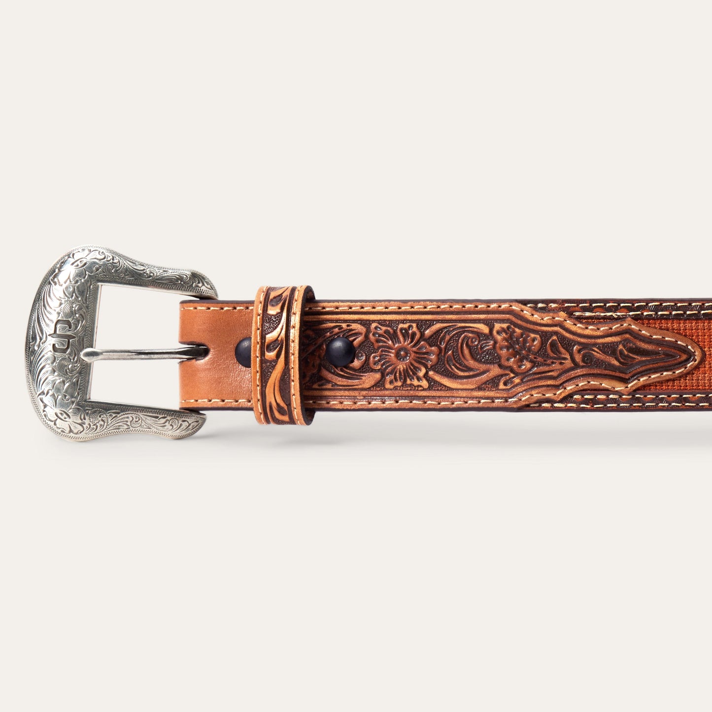 Tooled Tab Embroidered Belt Tan Women