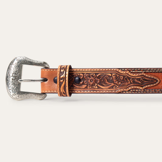 Tooled Tab Embroidered Belt Tan Women