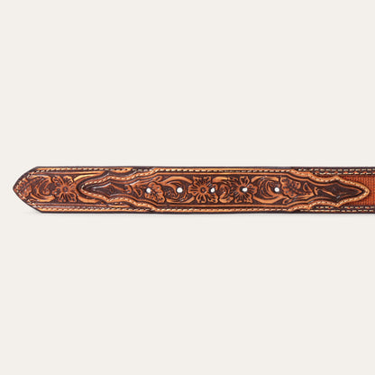 Tooled Tab Embroidered Belt Tan Women