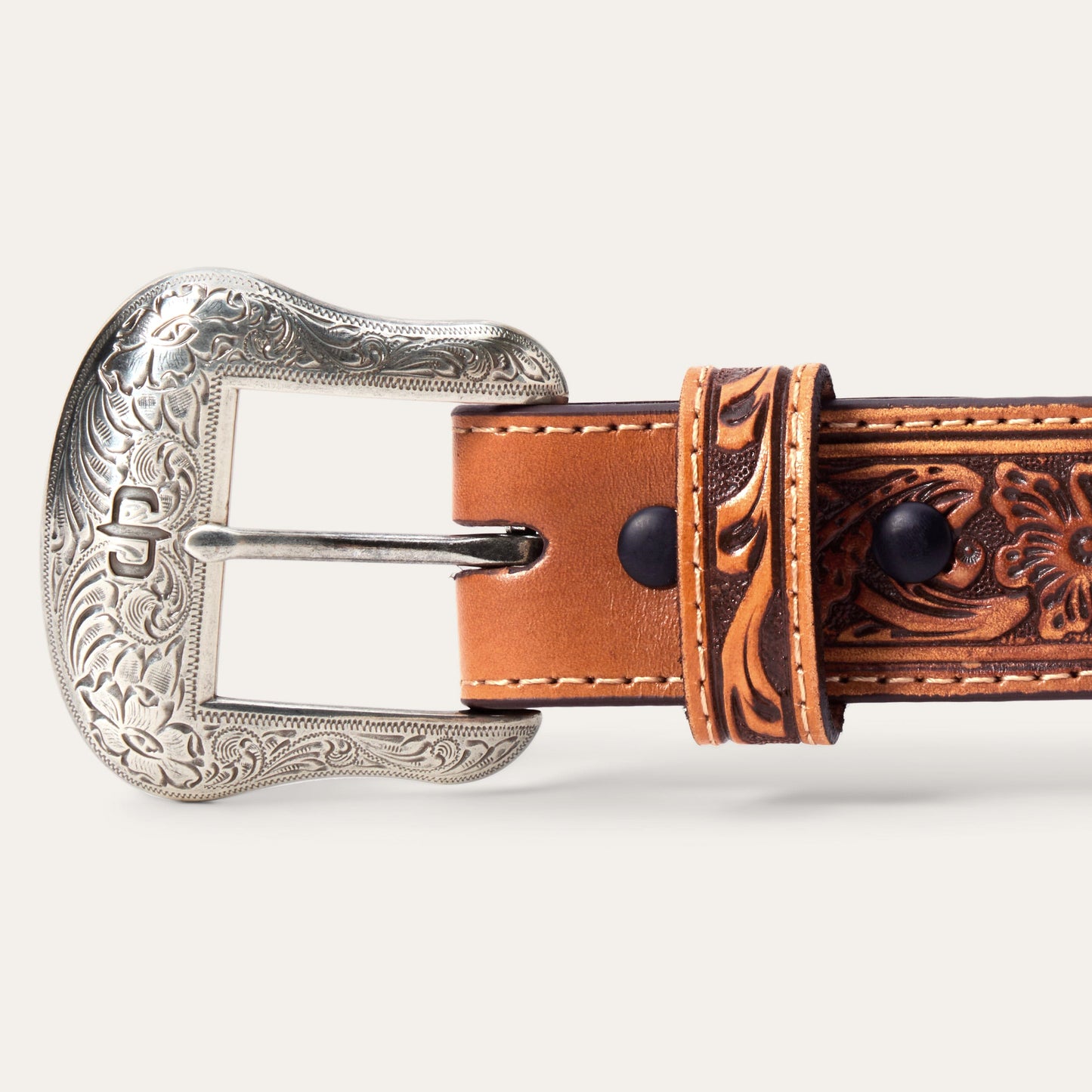 Tooled Tab Embroidered Belt Tan Women