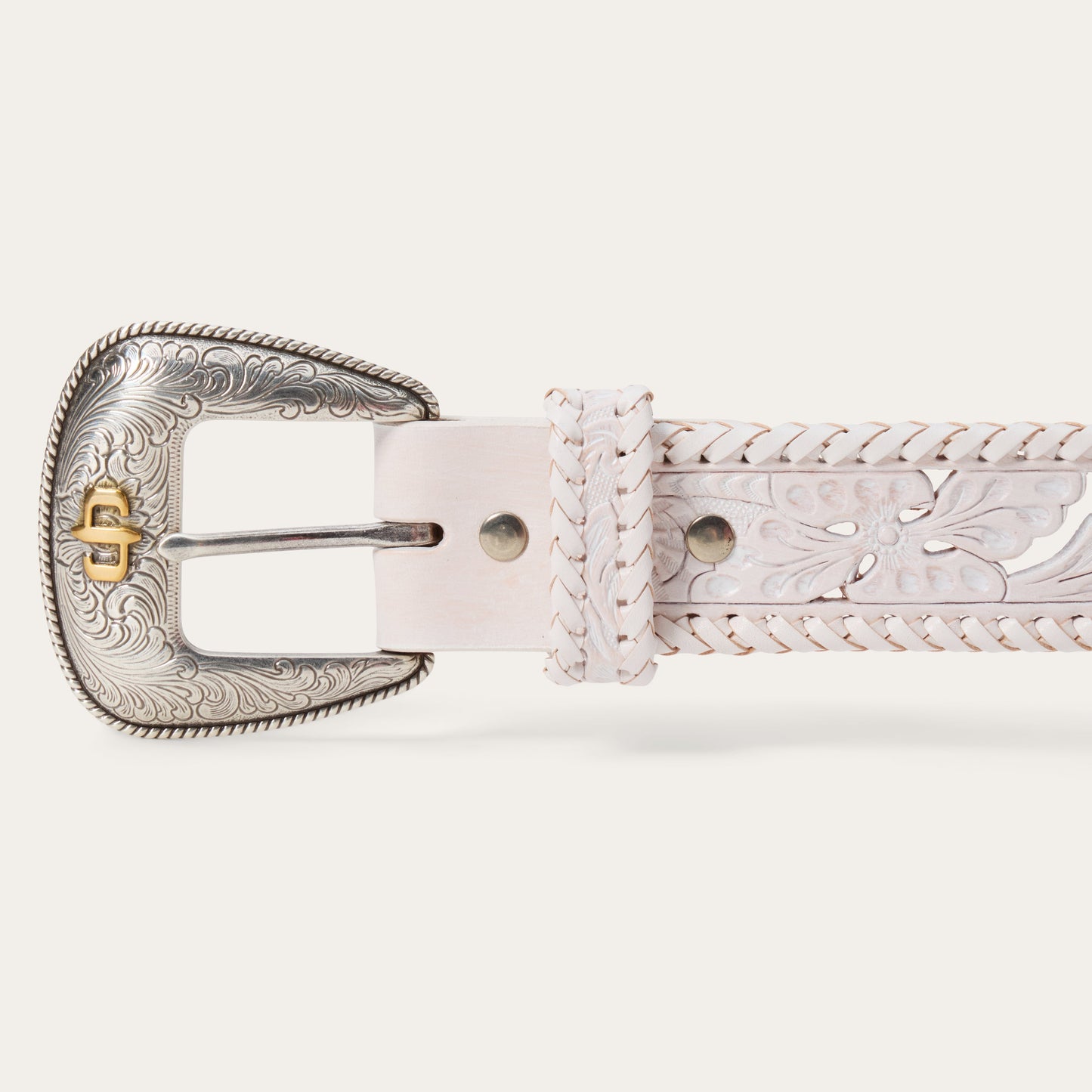Tooled Laced Edge Belt White Women