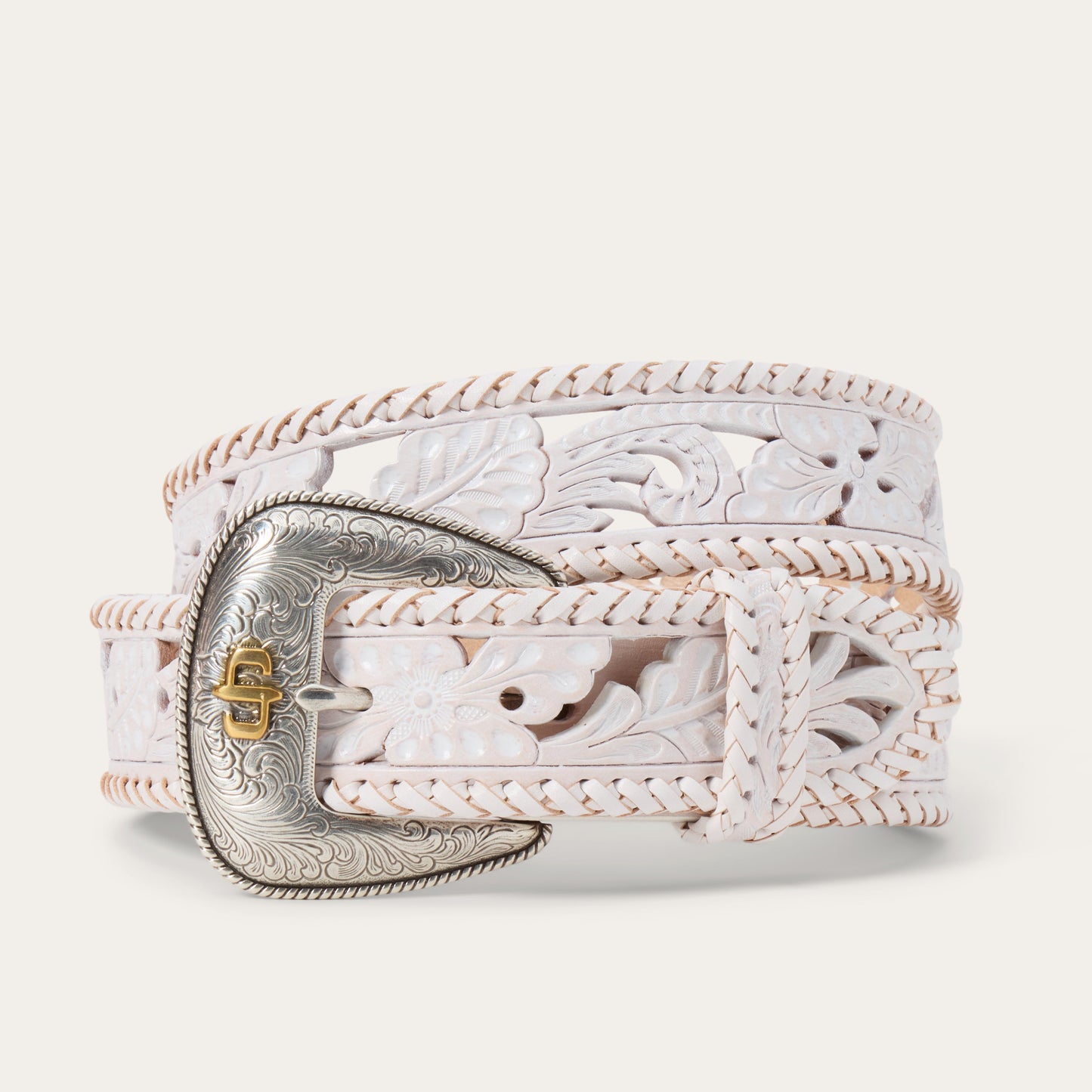 Tooled Laced Edge Belt White Women