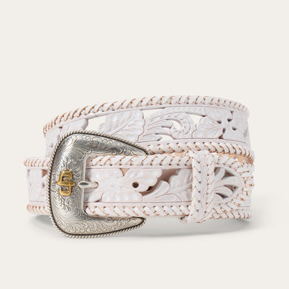 Tooled Laced Edge Belt White Women
