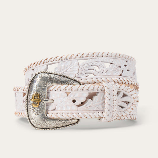 Tooled Laced Edge Belt White Women