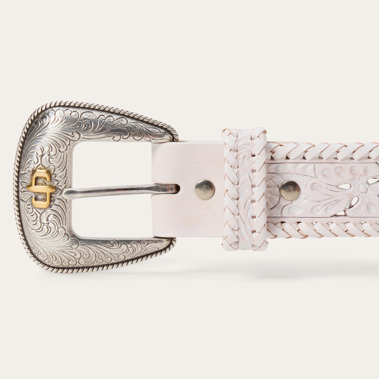 Tooled Laced Edge Belt White Women