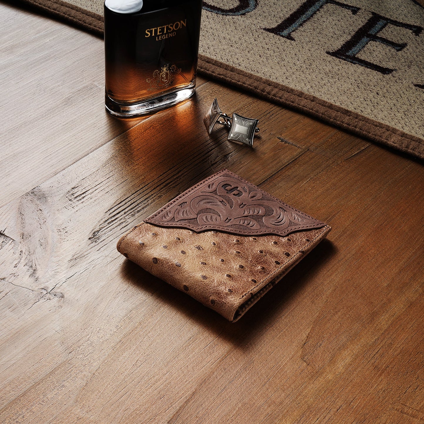 Tooled Embossed Ostrich BiFold Wallet Brown / California Nut