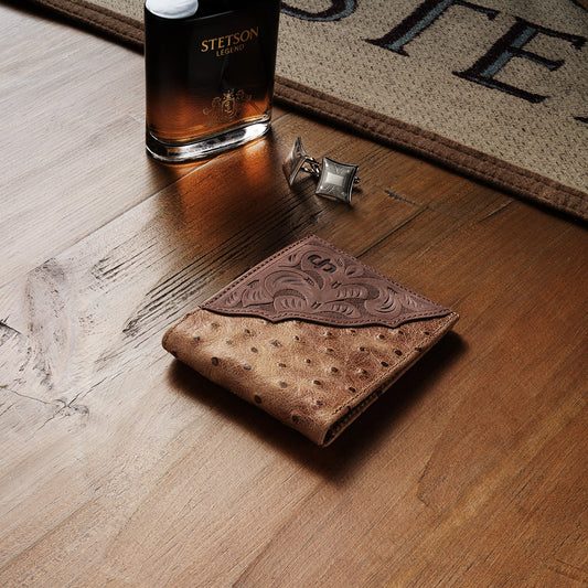 Tooled Embossed Ostrich BiFold Wallet Brown / California Nut