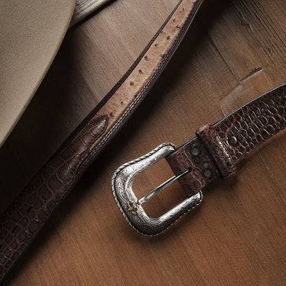 Ostrich Print Croco Embossed Western Tabs Belt Cognac/California Nut Men