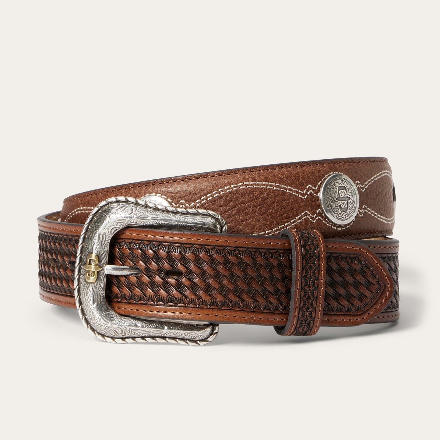 Pebble Leather Basket Weave Tabs Belt Natural/Brown Men