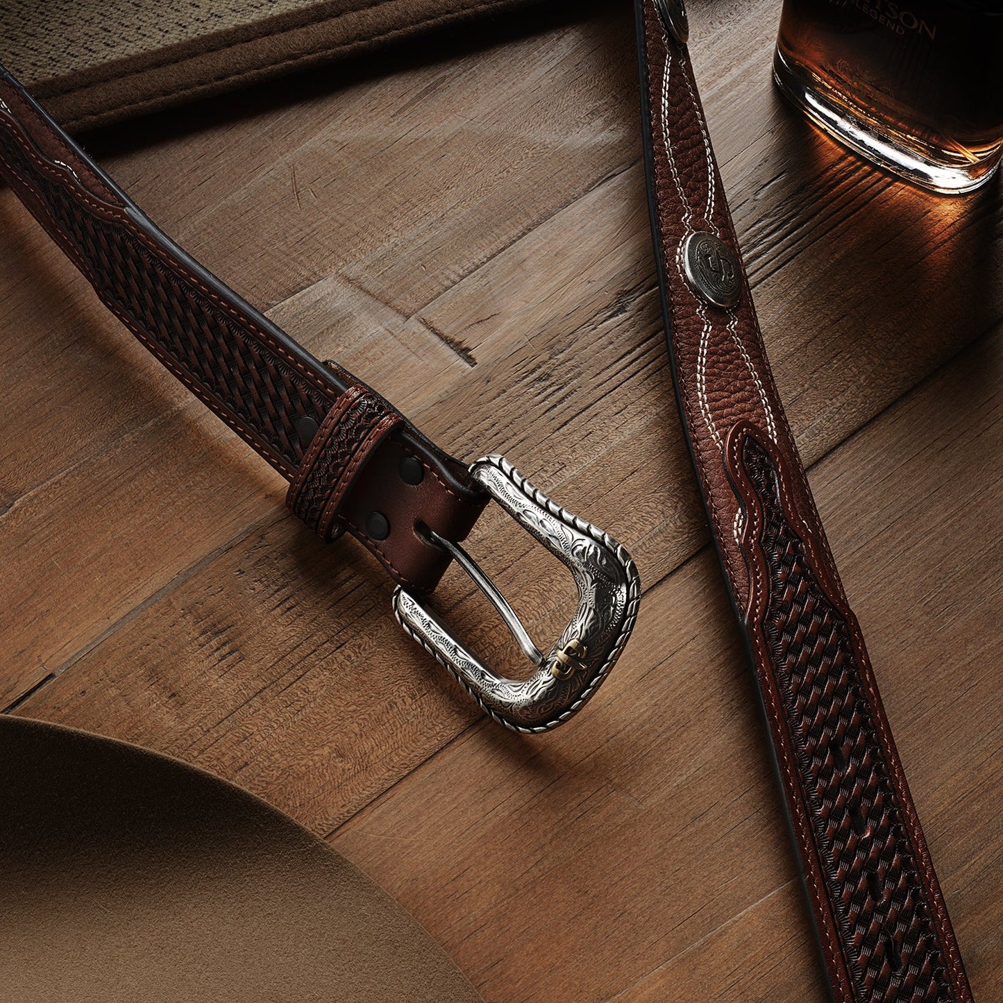 Pebble Leather Basket Weave Tabs Belt Natural/Brown Men