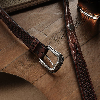 Pebble Leather Basket Weave Tabs Belt Natural/Brown Men