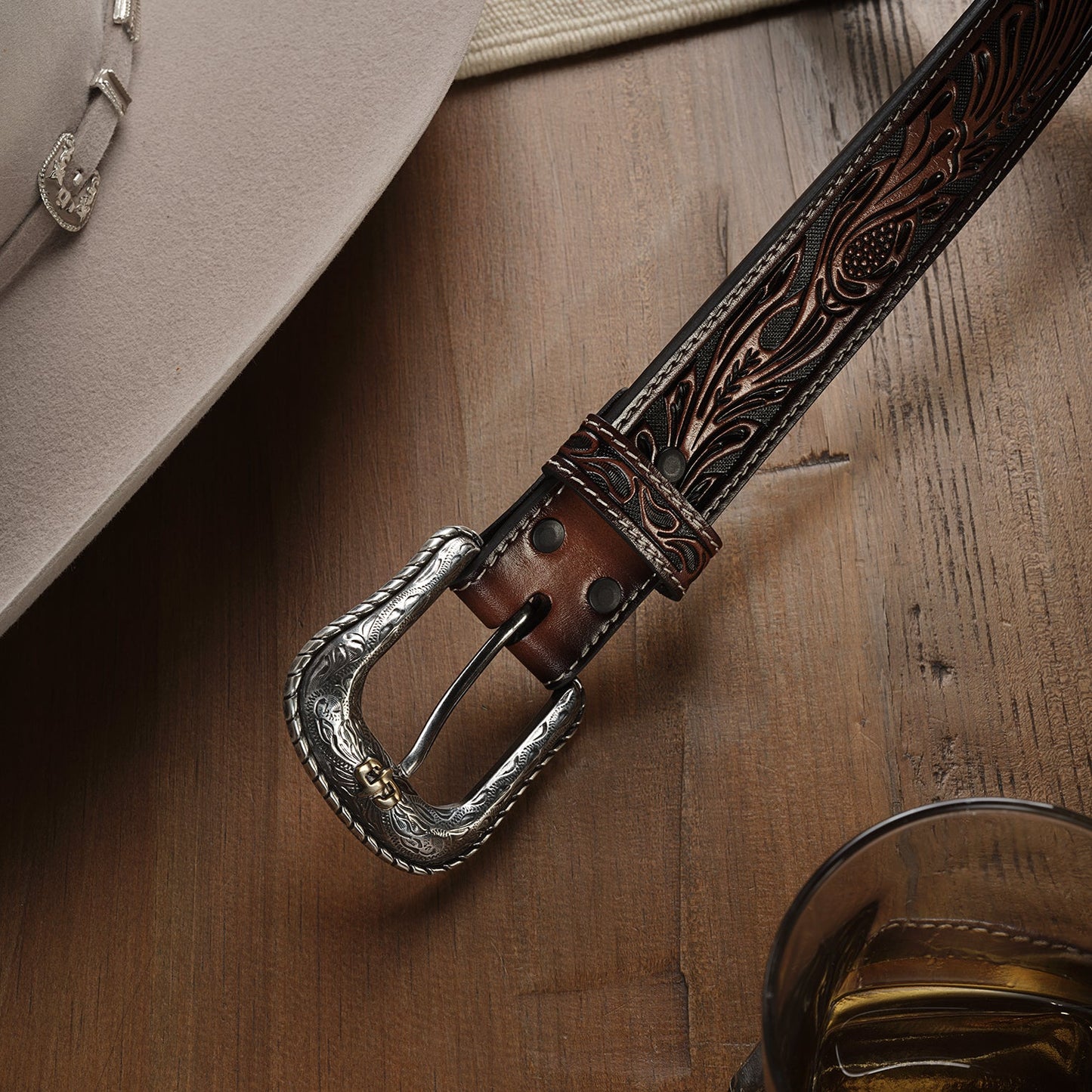 Tooled Belt Dark Brown Men