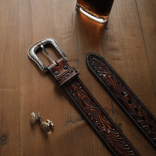 Tooled Belt Dark Brown Men