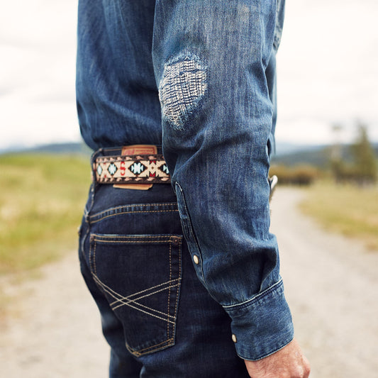 Embroidered Tooled Tab Belt Vintage Brown Men