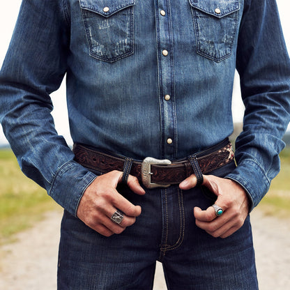 Embroidered Tooled Tab Belt Vintage Brown Men