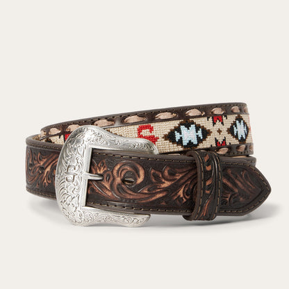 Embroidered Tooled Tab Belt Vintage Brown Men