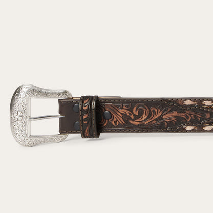 Embroidered Tooled Tab Belt Vintage Brown Men