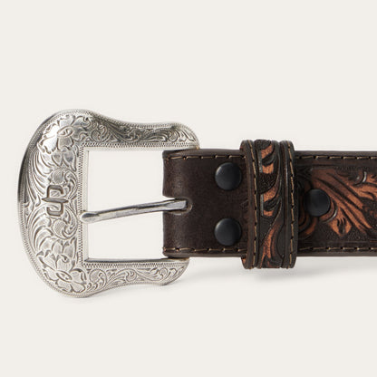Embroidered Tooled Tab Belt Vintage Brown Men