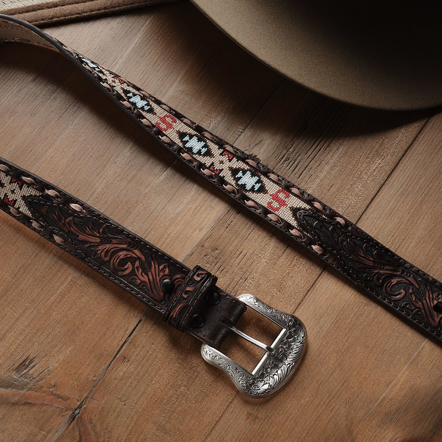 Embroidered Tooled Tab Belt Vintage Brown Men