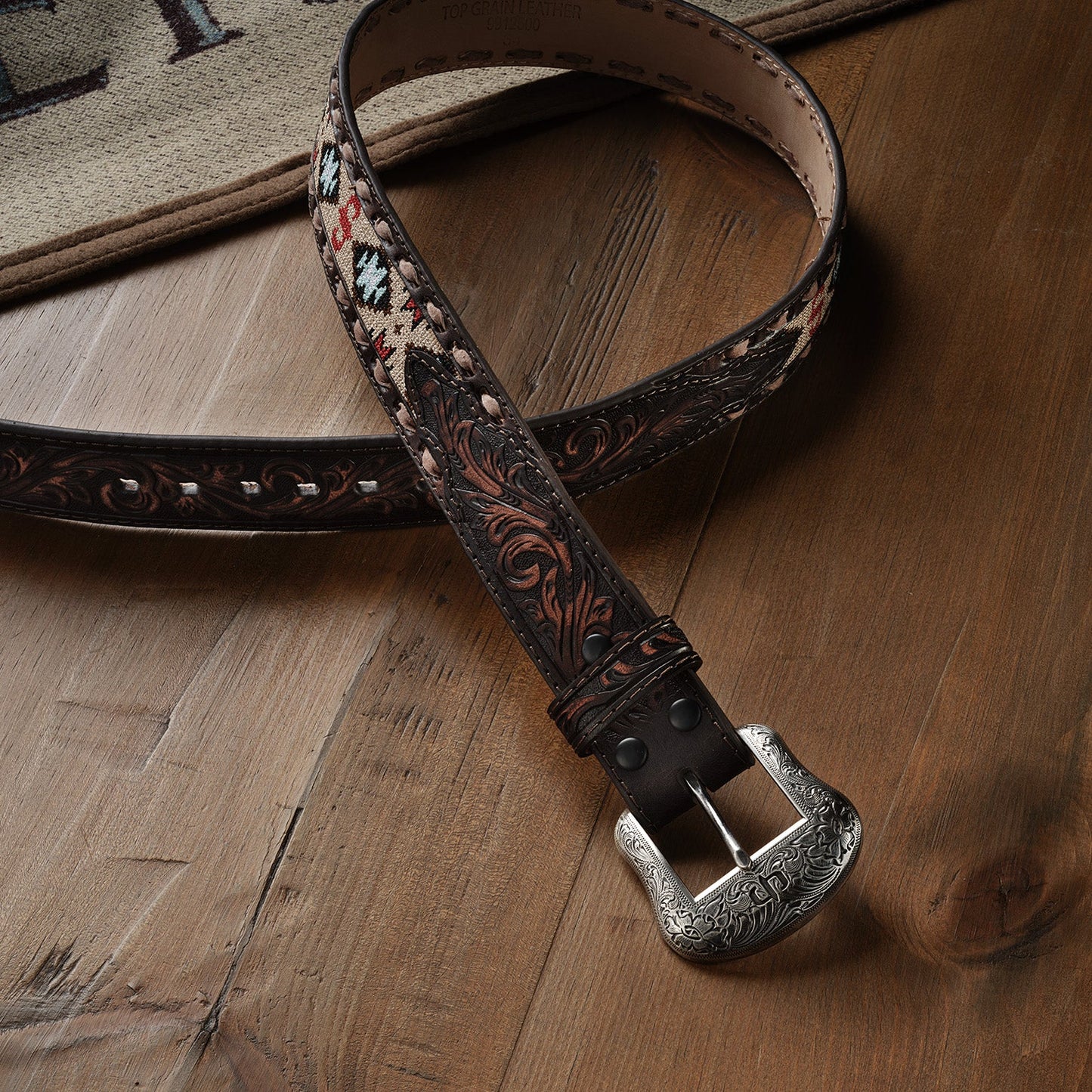 Embroidered Tooled Tab Belt Vintage Brown Men