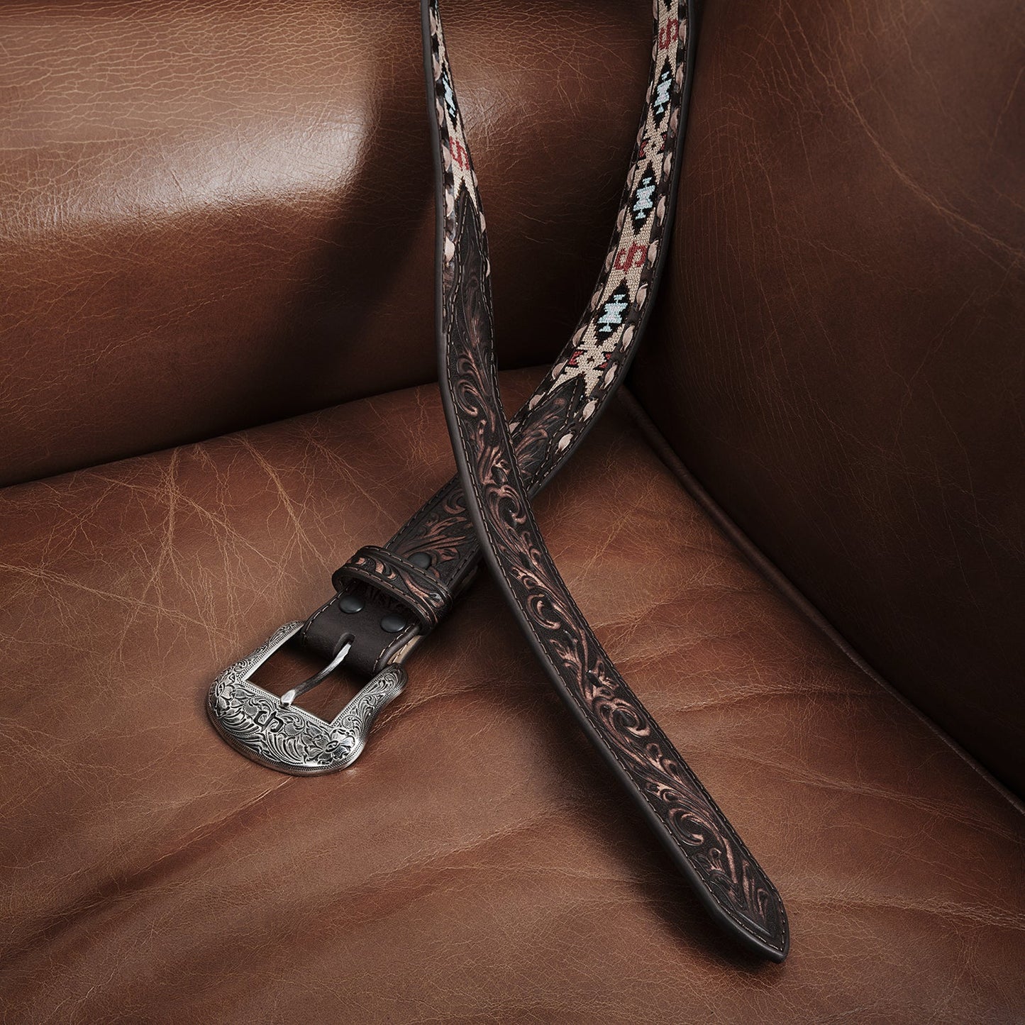 Embroidered Tooled Tab Belt Vintage Brown Men