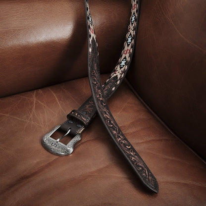 Embroidered Tooled Tab Belt Vintage Brown Men