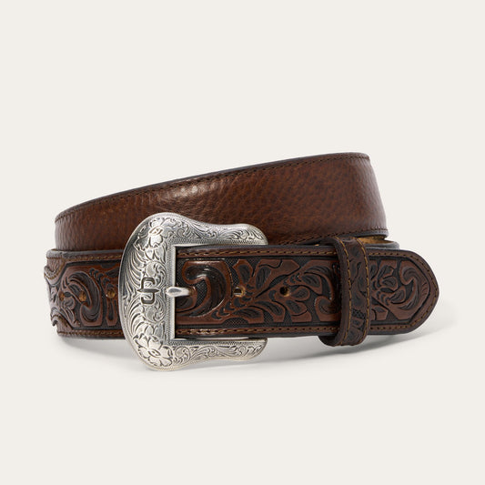 Bison Leather Tooled Tab Belt Hazelnut Bison Men