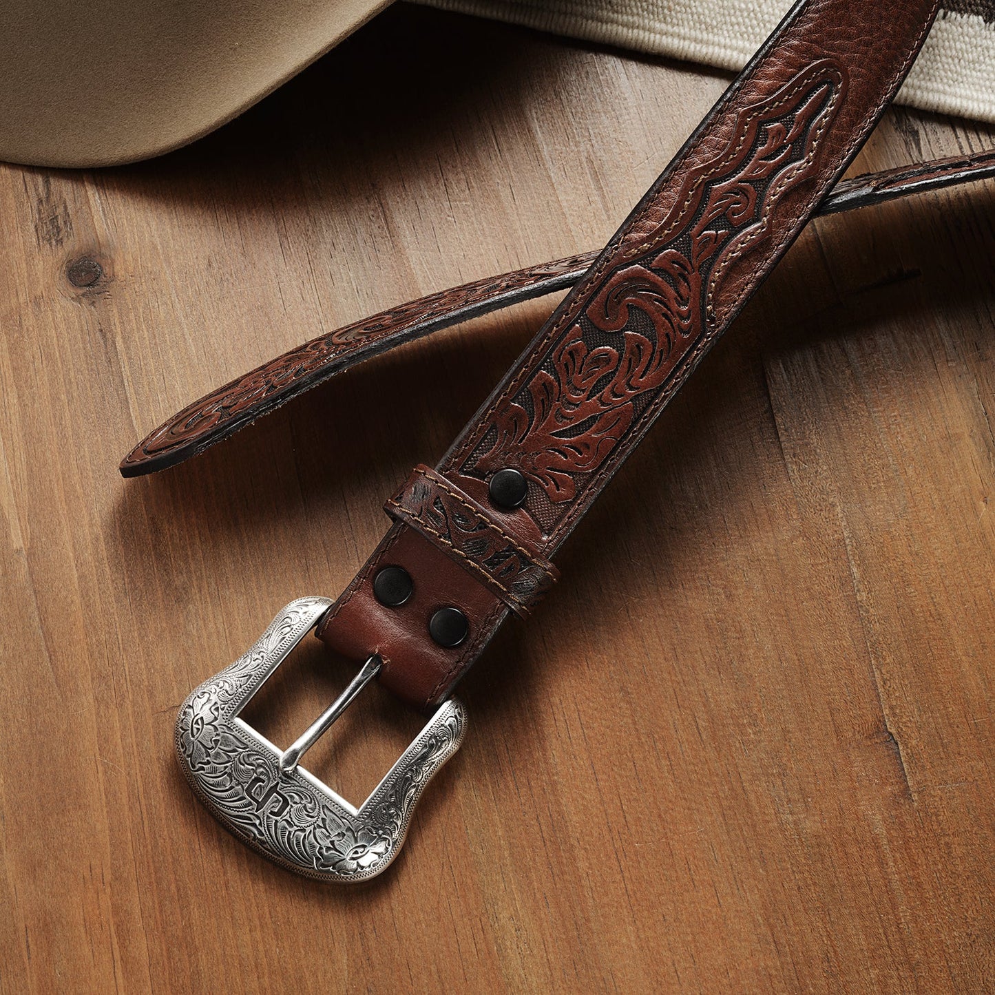 Bison Leather Tooled Tab Belt Hazelnut Bison Men