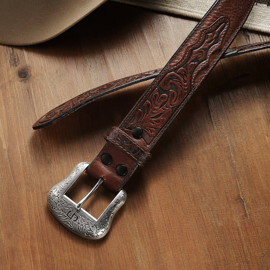 Bison Leather Tooled Tab Belt Hazelnut Bison Men