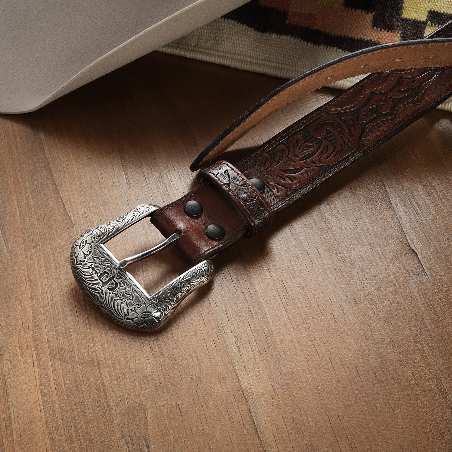 Bison Leather Tooled Tab Belt Hazelnut Bison Men