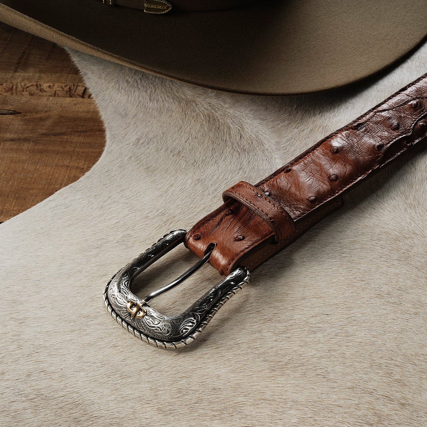 Ostrich Western Tab Belt Antique Cognac Men
